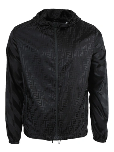 Shop Fendi Black Tonal Logo Windbreaker Jacket
