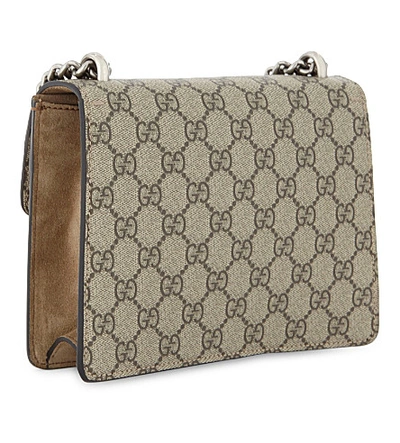 Shop Gucci Dionysus Supreme Gg Canvas And Suede Shoulder Bag In Taupe
