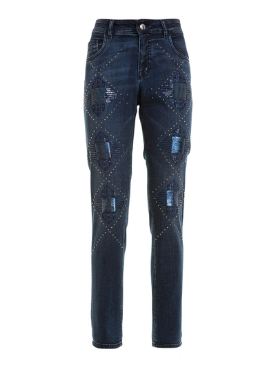 Shop Angelo Marani Stud Ans Sequin Embellished Jeans In Dark Wash