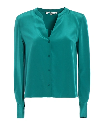 Shop Diane Von Furstenberg Ls Neck Jade Silk Shirt In Green