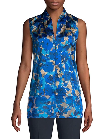 Shop Elie Tahari Rose Floral Silk Sleeveless Blouse In Calypso Blue