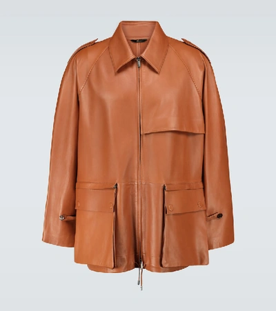 Shop Fendi Blouson Leather Jacket In Brown