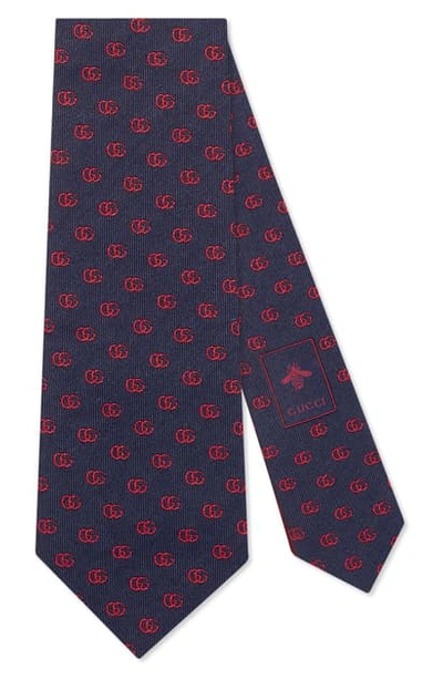 Shop Gucci Running Logo Silk Jacquard Tie In Midnight Blue And Red