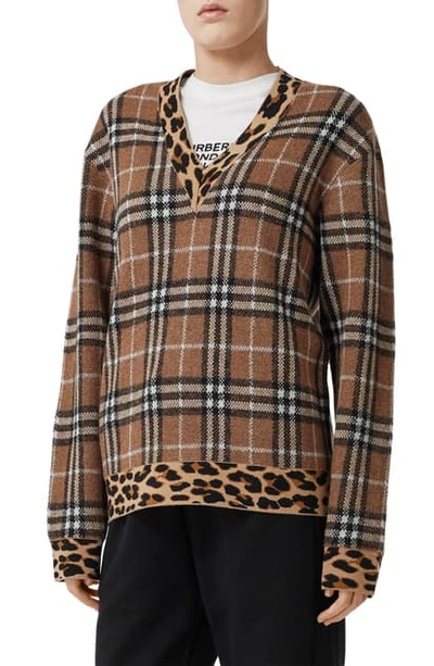 Shop Burberry Ohau Check & Leopard Jacquard Sweater In Archive Beige