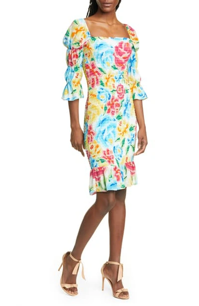 Shop All Things Mochi Floral Smocked Silk Dress In Multi Floral