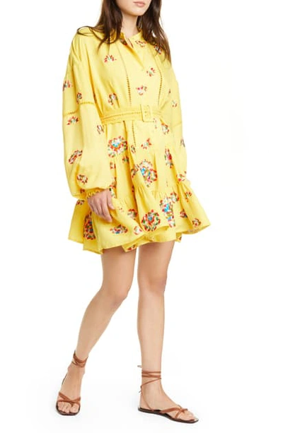 Shop All Things Mochi Floral Embroidered Long Sleeve Minidress In Yellow