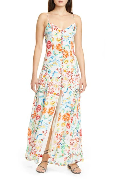 Shop All Things Mochi Floral Print Silk Maxi Dress In White Floral