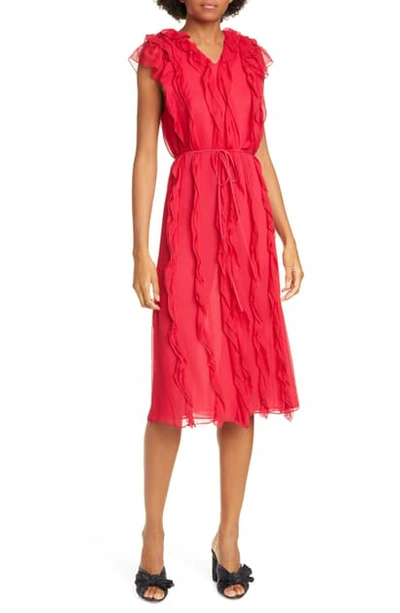 Shop Jason Wu Ruffle Silk Midi Dress In Geranium Pink
