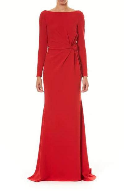 Shop Carolina Herrera Knot Long Sleeve Silk Column Gown In Imperial Red