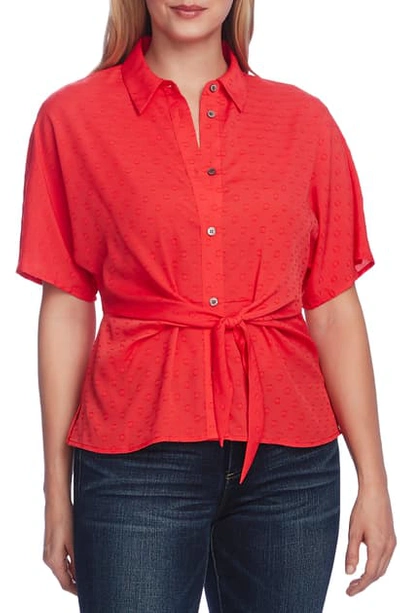 Shop Vince Camuto Tie Front Clip Dot Blouse In Bright Ladybug
