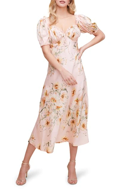 Shop Astr Puff Sleeve Satin Midi Dress In Blush Multi Floral