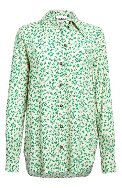 Ganni Leaf Print Crepe Button-up Shirt In White | ModeSens