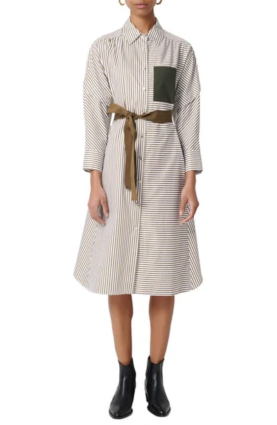 Shop Maje Rilula Belted Stripe Midi Shirtdress In Ecru / Khaki Green