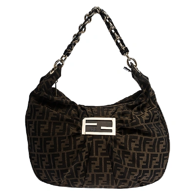 Pre-owned Fendi Tobacco Zucca Canvas And Leather Mia Hobo In Brown