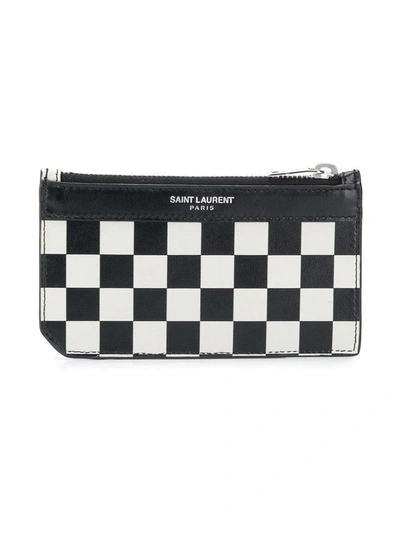 Shop Saint Laurent Black And White Checkered Zip Card Holder