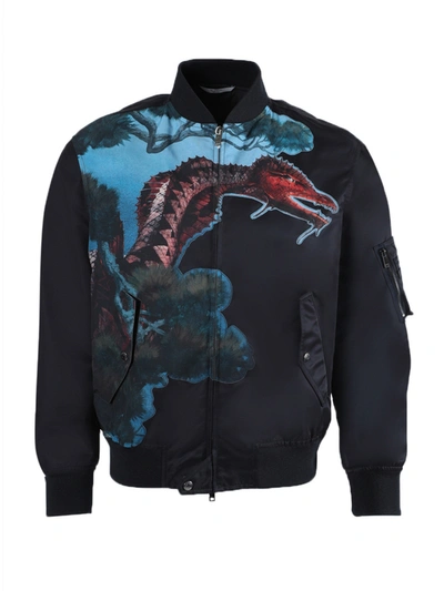 Shop Valentino Navy Dragon Print Bomber Jacket