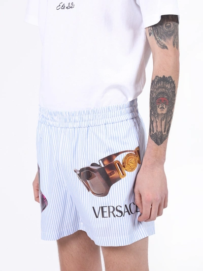 Shop Versace Striped Sunglasses Print Shorts In Blue