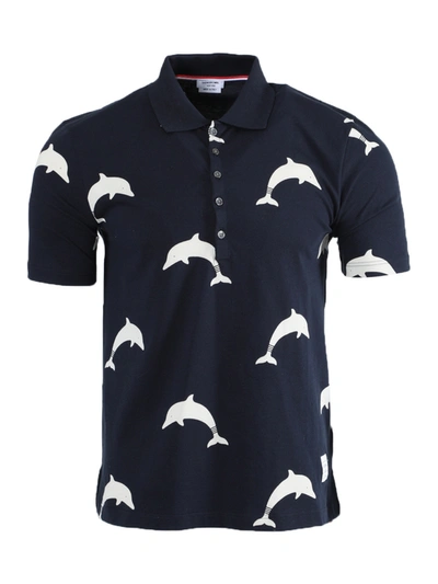 Shop Thom Browne Navy Dolphin Print Polo Shirt In Blue