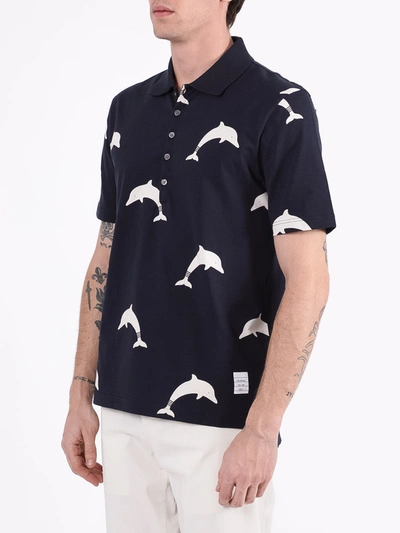 Shop Thom Browne Navy Dolphin Print Polo Shirt In Blue