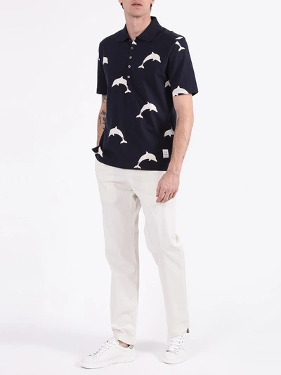 Shop Thom Browne Navy Dolphin Print Polo Shirt In Blue