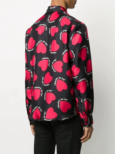 Shop Amiri Silk Heart Print Shirt In Black