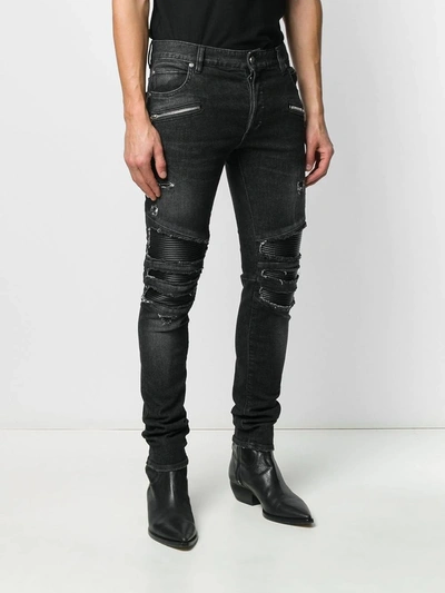 Shop Balmain Distressed Skinny Zipped Jeans