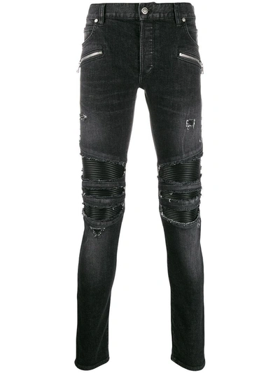 Shop Balmain Distressed Skinny Zipped Jeans