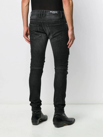 Shop Balmain Distressed Skinny Zipped Jeans