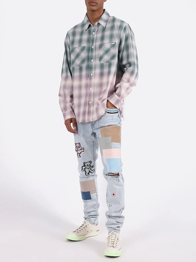 Shop Amiri Distressed Ombre Plaid Button-down In Green