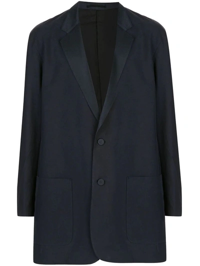 Shop Julien David Navy Silk Long-line Blazer In Blue