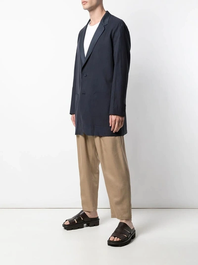 Shop Julien David Navy Silk Long-line Blazer In Blue