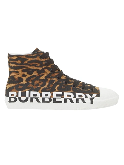 Shop Burberry Leopard Print High Top Sneakers In Brown