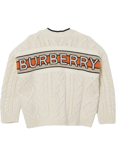 Shop Burberry Ivory Logo Panel Cardigan