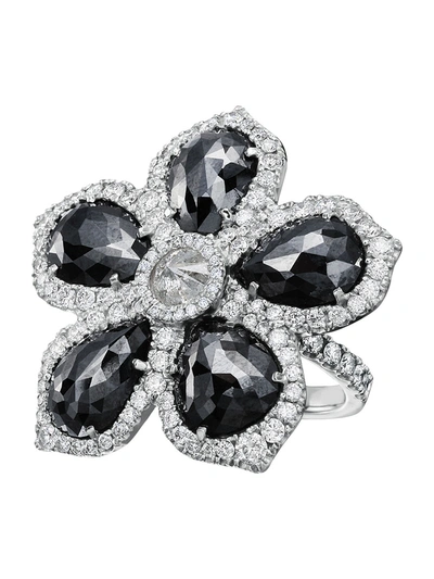 Shop Nina Runsdorf Black Diamond Flower Ring In Silver