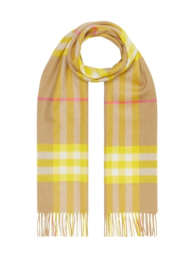 Shop Burberry Yellow Check Print Cashmere Scarf