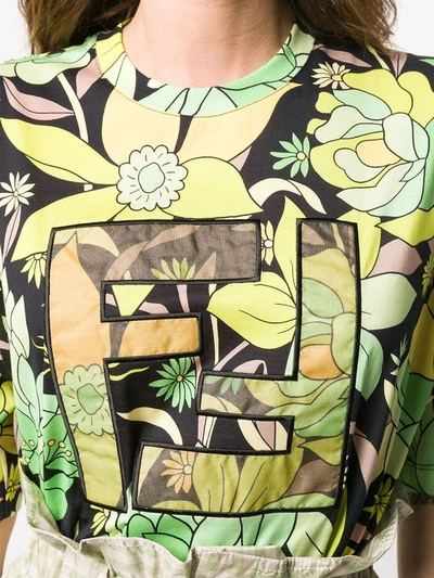 Shop Fendi Green Floral Print Logo T-shirt