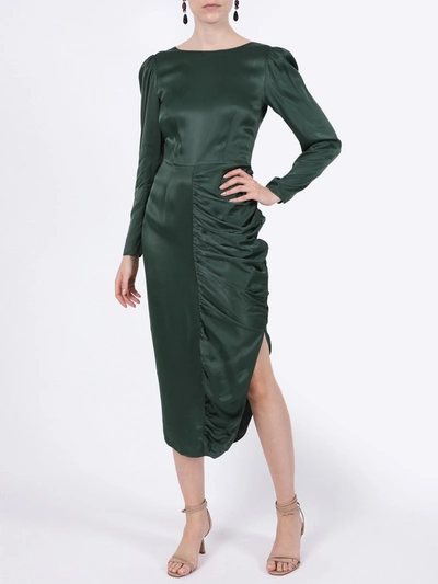 Shop Alexa Chung Dark Green Satin Gathered Dress