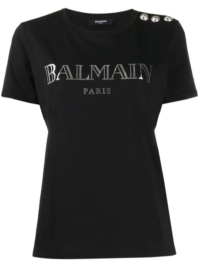 Shop Balmain Iconic Buttoned Logo T-shirt In Black