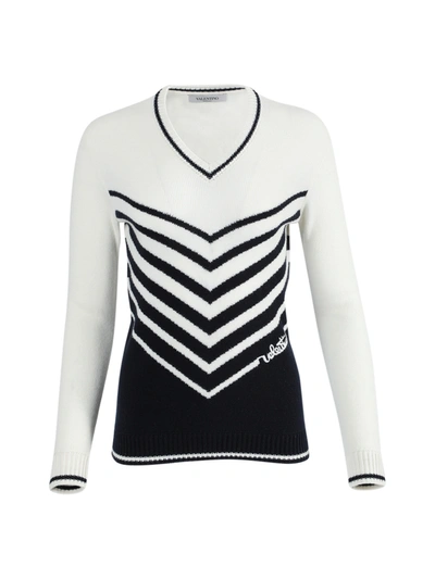 Shop Valentino Navy And Ivory Knit Sweater