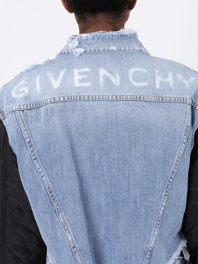 Shop Givenchy Quilted Sleeve Cropped Denim Jacket In Blue