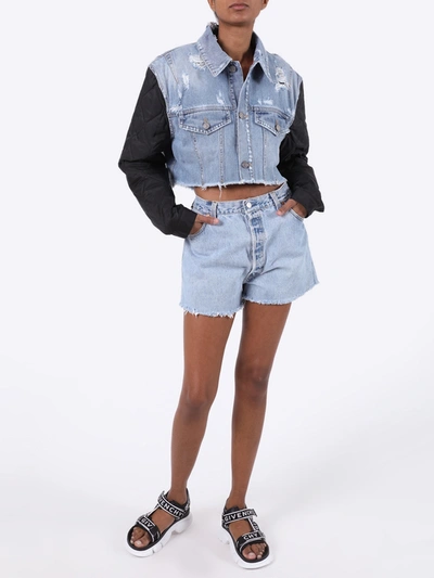 Shop Givenchy Quilted Sleeve Cropped Denim Jacket In Blue