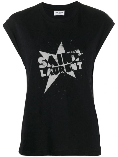 Shop Saint Laurent Black And Ivory Sleeveless Logo T-shirt