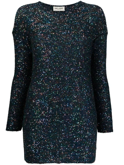 Shop Saint Laurent Blue Shimmer Long-sleeve Dress