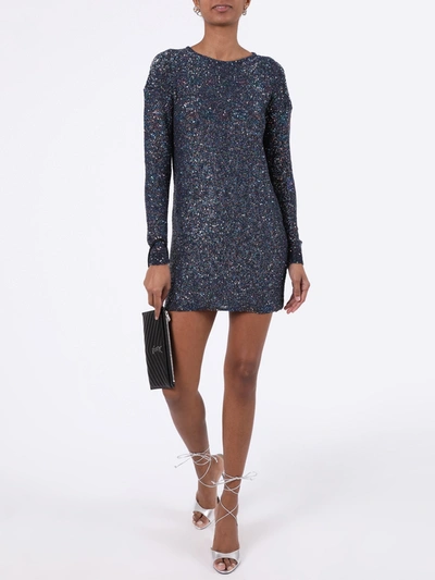 Shop Saint Laurent Blue Shimmer Long-sleeve Dress