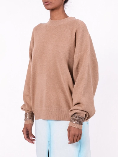 Shop Alexander Wang Crewneck Sweater With Crystal Cuff Camel In Neutral