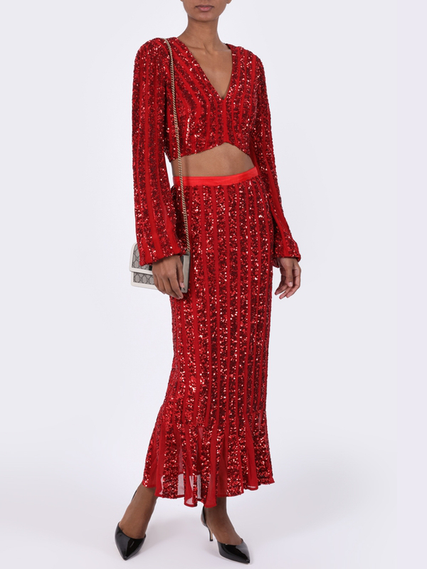 red silk maxi skirt