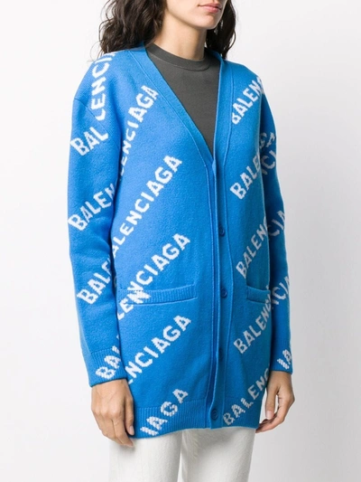 Shop Balenciaga Blue And Ivory Over-sized Wool Logo Cardigan