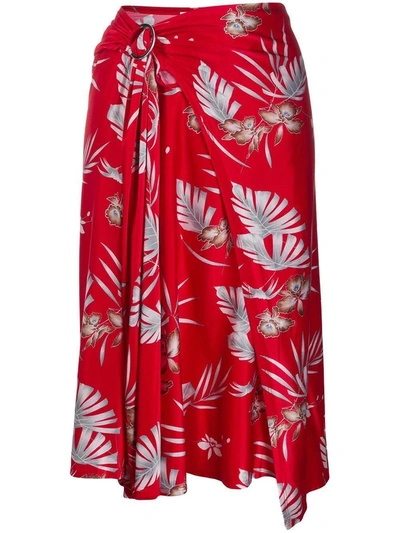 Shop Paco Rabanne Red Floral Draped Midi Skirt