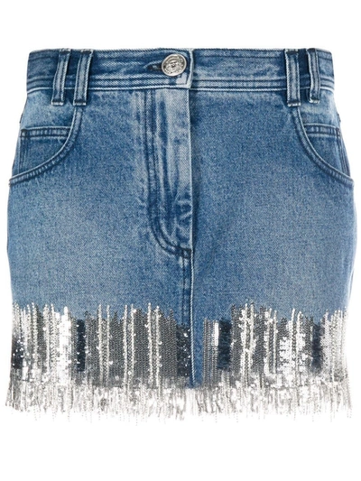Shop Balmain Silver Fringed Denim Mini Skirt In Blue