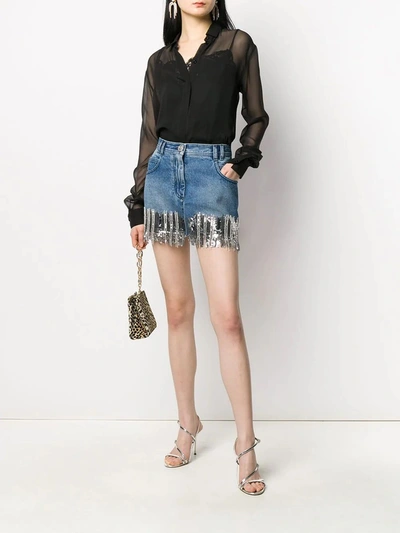 Shop Balmain Silver Fringed Denim Mini Skirt In Blue